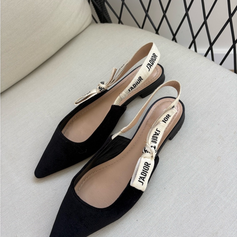 Dior Black Pointed Slingback Mules with J'Adior Ribbon